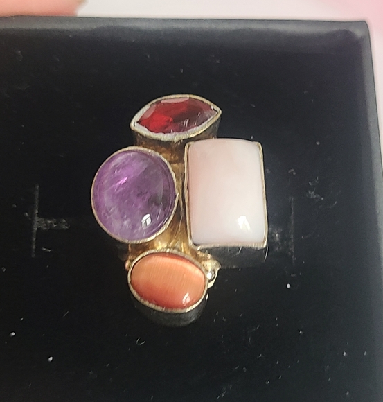 Vintage Boho Chunky Purple Amethyst Pink Quartz Garnet Gem Sterling Silver Ring - Picture 5 of 10